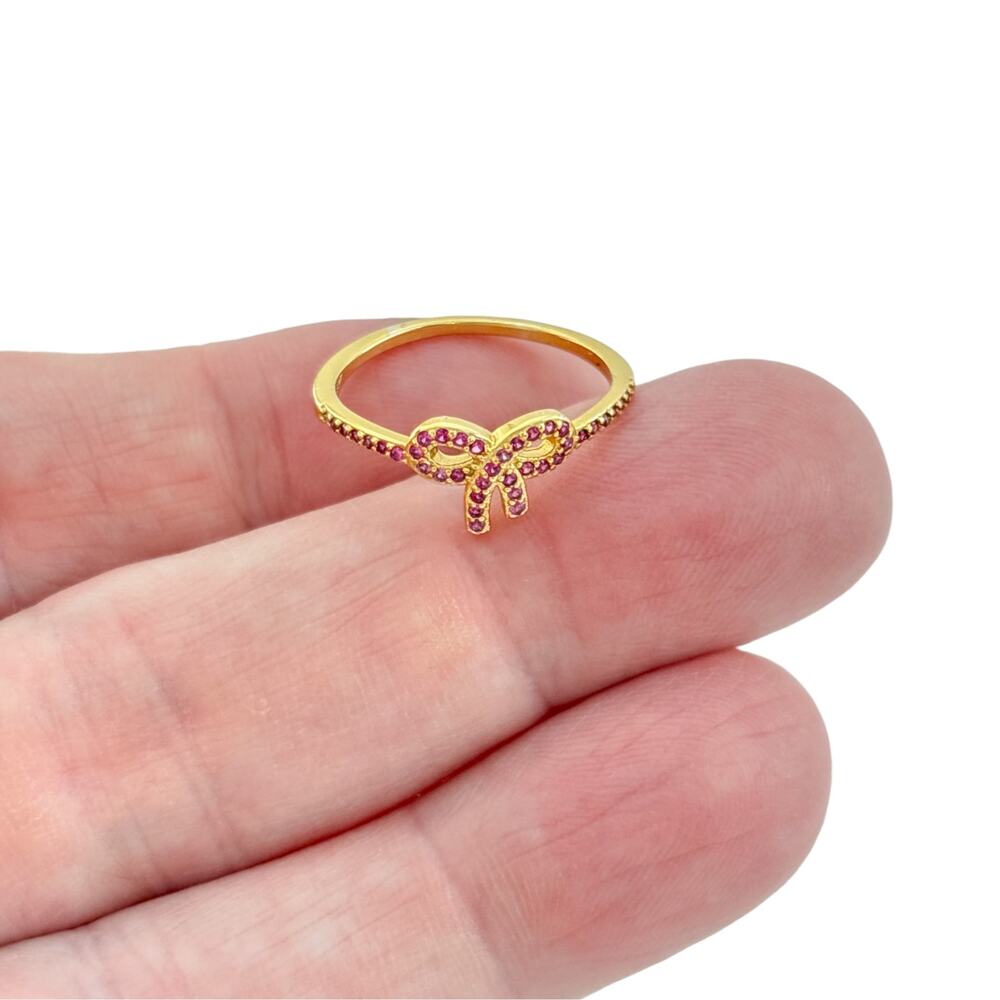 Vintage Gold-Tone Sterling Silver Lab-Created Ruby Bow Ring Size 8